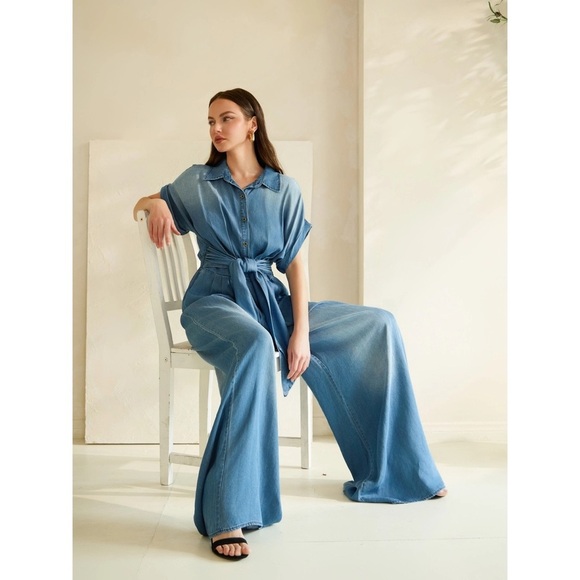 Denim Short Sleeve Button Down Wrap Waist Wide Leg Jumpsuit - Picture 4 of 5